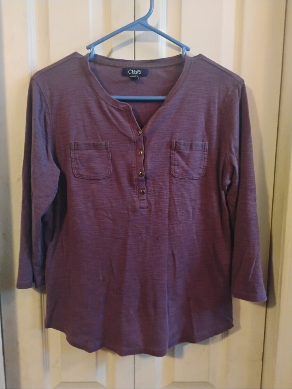 Purple Henley Top Size Large 3/4 Sleeve Button Front Pocket Casual